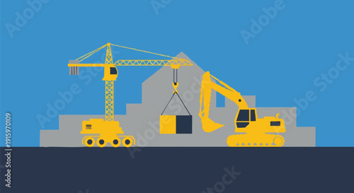 Heavy Construction Machinery Vector Illustration: Crane, Excavator, and Building Site. Industrial development, engineering, and infrastructure concept in flat design.
