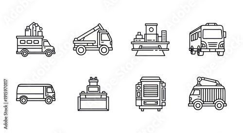Set of industrial and commercial vehicle line icons including bus, van, tow truck, cargo ship, and crane truck suitable for transportation and logistics design