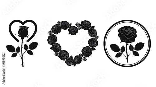Three Black Silhouette Rose with Heart and Circular Frames circle