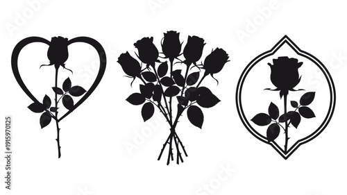 Three Black Silhouette Roses in Different Frames heart circle