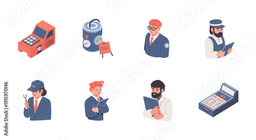 Set of isometric security and inspection icons including security guard, inspector, lockbox, and checklists for safety and compliance use