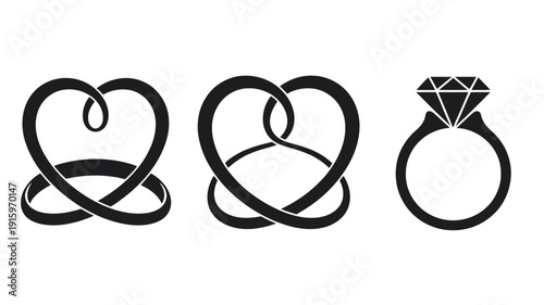 Three Black Silhouettes of Knots and a Ring with a Diamond