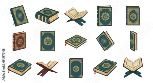 Set of Islamic Quran holy book illustrations with decorative covers and open pages on wooden stands, perfect for religious and cultural projects