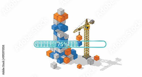 Isometric Construction Progress Concept: Crane Building Structure with 75% Completion Status Bar for Project Development and Business Growth