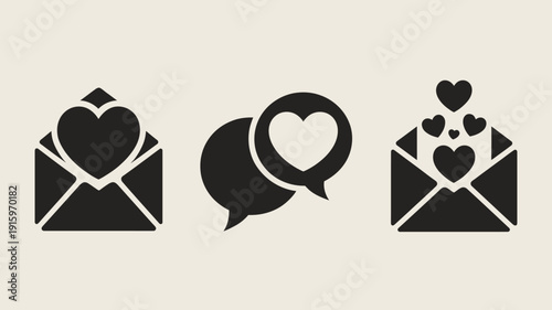 Three Minimalist Black and White Envelopes with Heart Symbols and Speech Bubble
