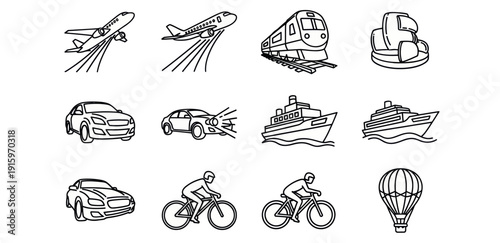 Transportation icons set with airplane, train, car, ship, bicycle, hot air balloon outline illustrations for travel and transport design