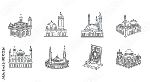 Hand drawn black and white sketches of Islamic mosques and Quran with prayer beads, religious architecture and Islamic culture illustrations for design and education