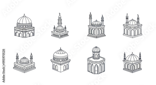 Hand-drawn Islamic mosque sketches with domes and minarets, detailed architectural line art for religious and cultural design projects