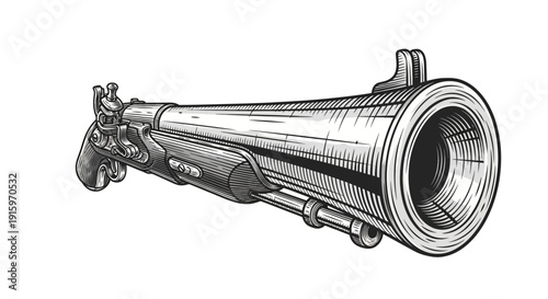 Antique Flintlock Pistol, Close-up Front View, Engraved Detail, Historical Weapon