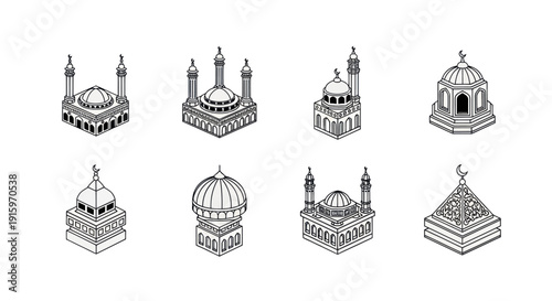 Collection of black and white mosque building icons with domes and minarets, Islamic architecture symbols for design and religious projects