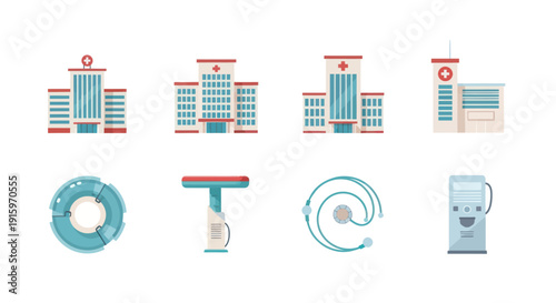 Hospital buildings and medical equipment icons set including MRI scanner, stethoscope, medical lamp, and dialysis machine for healthcare design