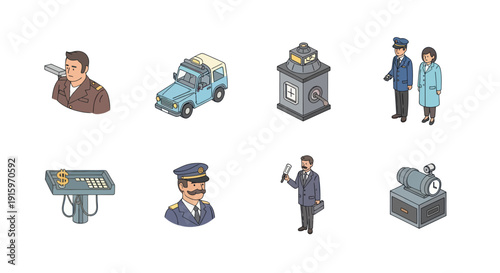 Isometric vintage transportation and travel icons including taxi driver, cab car, antique lantern, conductor, ticket machine, bellhop, inspector, and meter box