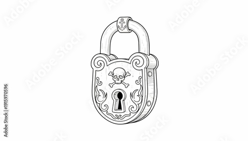 Antique Padlock with Skull and Crossbones Emblem, Vintage Security Lock Illustration