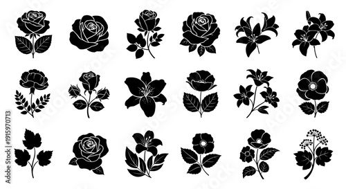 Black Silhouette Flower Collection: Roses, Lilies, and Poppies Vector Graphics