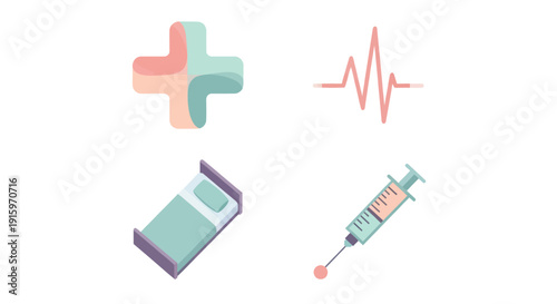 Medical icons set with hospital bed, syringe, heartbeat and cross symbols, healthcare and treatment concept illustration