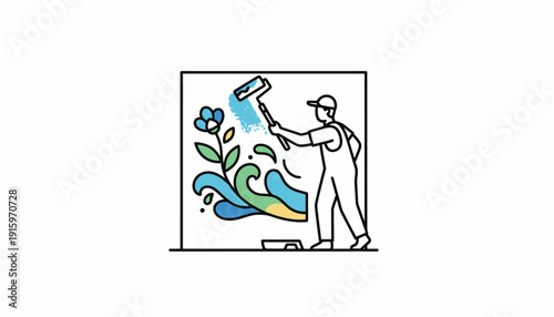 Artist painting a vibrant mural with flowers and waves on a wall