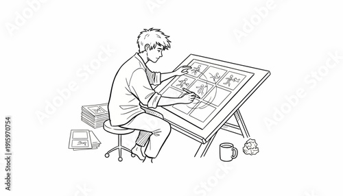 Artist Drawing Storyboard Panels on Easel, Creative Process, Animation Pre-production