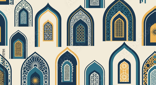 Islamic Archways Pattern: Traditional Geometric Windows in Blue, Gold, and Teal