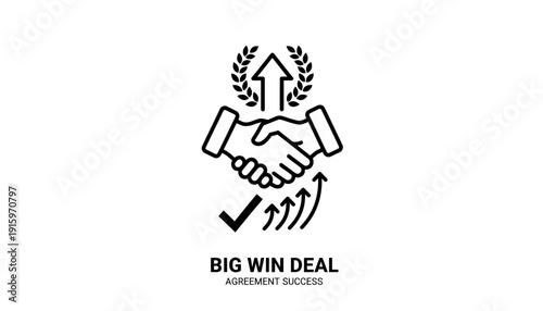 Big Win Deal Agreement Success Icon: Handshake, Upward Arrow, Checkmark, Laurel Wreath