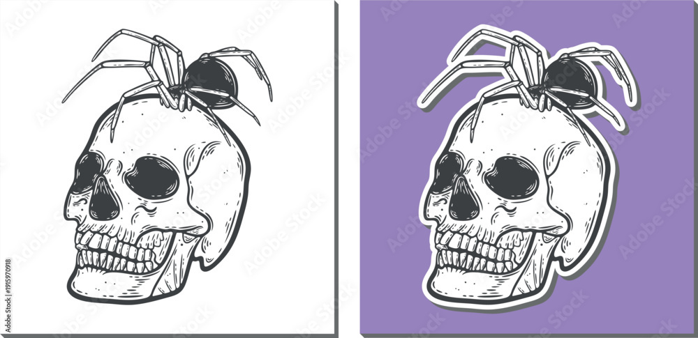 Fototapeta premium Black spider on a human skull, sticker set, engraving isolated
