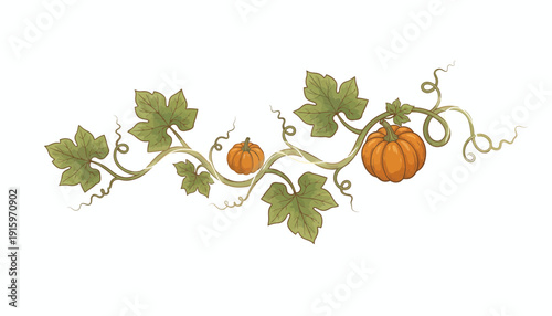 Autumn Pumpkin Vine Border - Decorative Element with Orange Pumpkins and Green Leaves