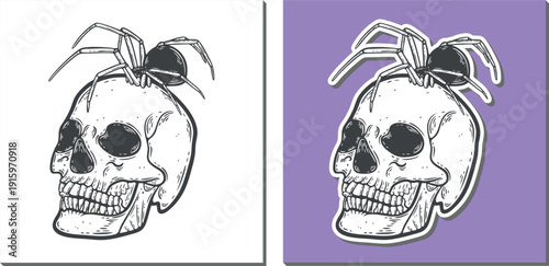 Black spider on a human skull, sticker set, engraving isolated