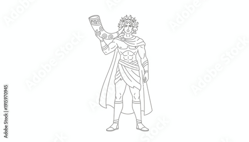 Ancient Greek Hero Holding a Horn, Mythological Figure, Line Art