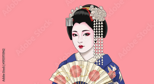 Elegant Japanese Geisha Holding Fan on Pink Background, Traditional Art