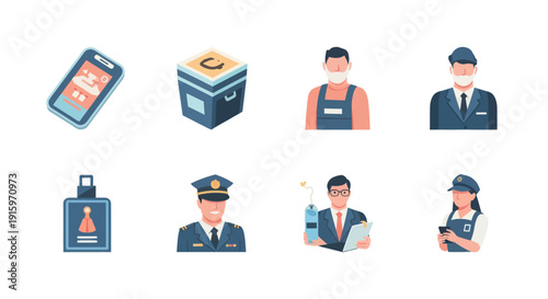 Set of diverse professional avatars and related icons including delivery, pilot, police officer, businessman, and ID badge illustrations for business or service use