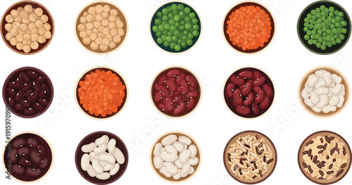 Professional mega set of top-down legume and grain icons featuring chickpeas, green peas, lentils, kidney beans, white beans, and assorted rice varieties in bowls