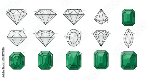 Collection of Gemstone Cuts: Diamonds and Emeralds, Flat Design Icons