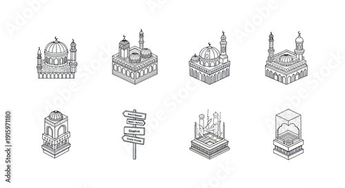 Set of Islamic architecture and mosque line art icons with minarets and domes, plus directional signpost and abstract cultural elements, vector illustration
