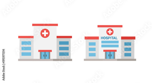 Two flat style medical hospital buildings with red cross symbols and blue windows, healthcare clinic icons for medical and emergency services design