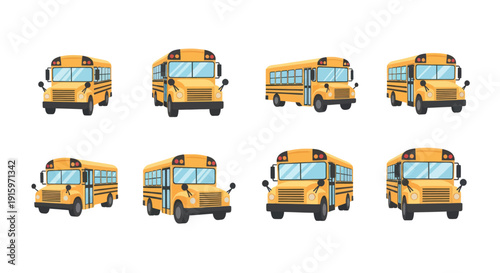 Yellow school bus vector set with multiple angles and views, ideal for education and transportation design projects