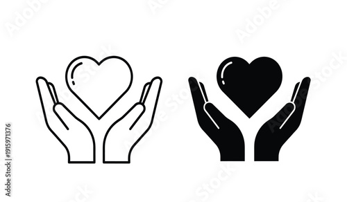 Black and white hand holding heart icons in line art and solid style for love and care symbols
