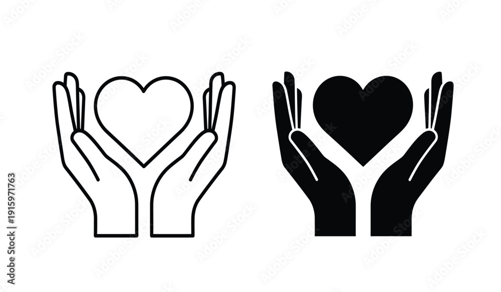 Fototapeta premium Black and white hand holding heart icons in line art and solid style for charity or love concepts