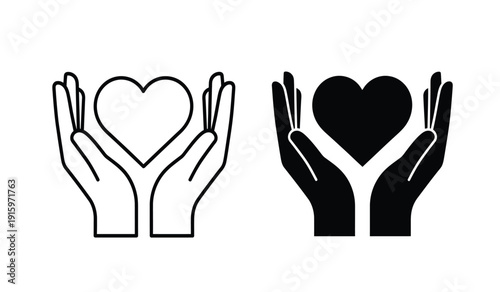Black and white hand holding heart icons in line art and solid style for charity or love concepts