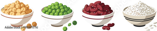 Professional flat illustration set featuring bowls of chickpeas, green peas, black-eyed peas, kidney beans, and white rice for healthy nutrition and culinary design