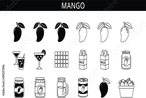 Large set of black mango icons including fruit silhouettes juice glasses jam jars milk cartons and tropical fruit baskets isolated on white background.