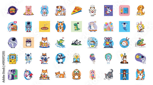 Cute cartoon animals and food stickers for kids and teens