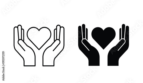 Black and white line art of hands holding a heart symbol