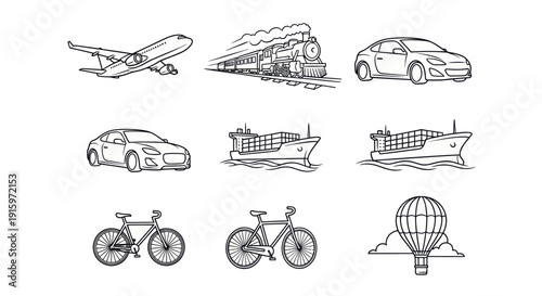 Black and white line art icons of various transportation modes including airplane, train, car, ship, bicycle, and hot air balloon, ideal for travel and logistics projects