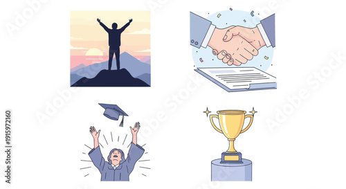 Achievement and success concepts with mountain climber, handshake agreement, graduate throwing cap, and trophy on pedestal, ideal for motivation or celebration