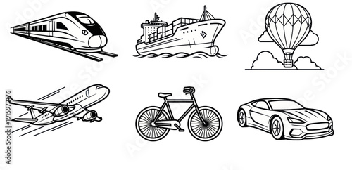 Black and white transport icons including train, cargo ship, hot air balloon, airplane, bicycle, and sports car, ideal for travel and transportation designs
