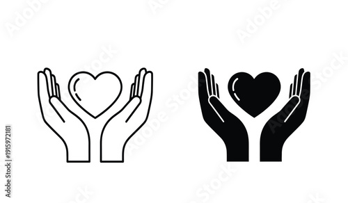 Black and white hand holding heart icons in line and solid styles for charity or love concepts