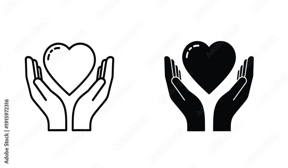 Fototapeta premium Black and white line art illustration of hands holding heart shapes in a symbolic gesture of love and care