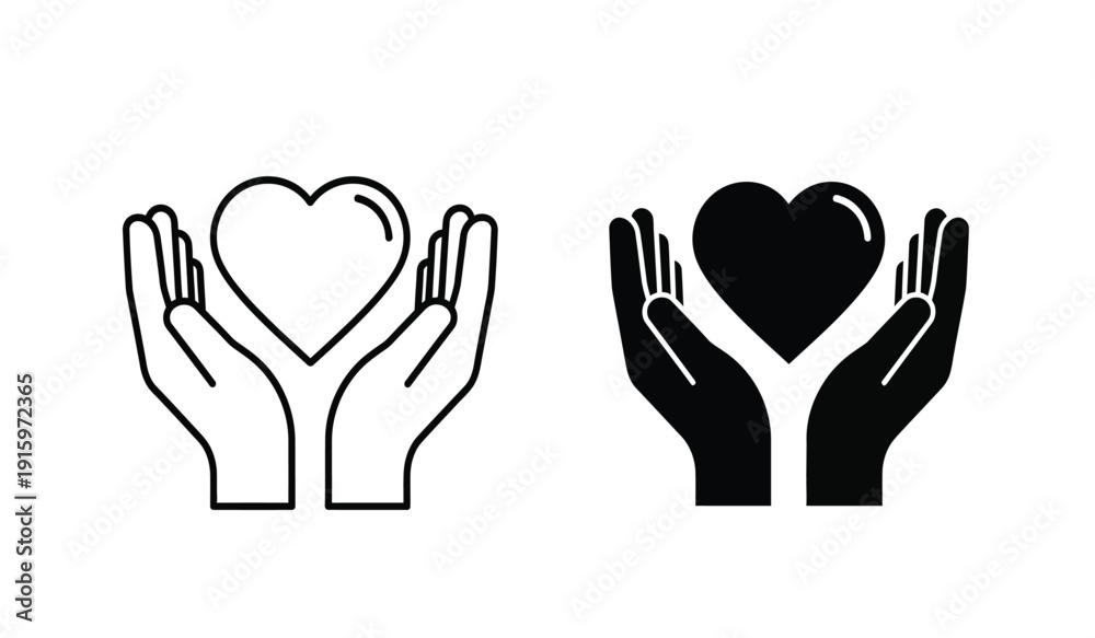 Obraz premium Black and white line art and silhouette hands holding heart shapes in a symbolic gesture of love and care