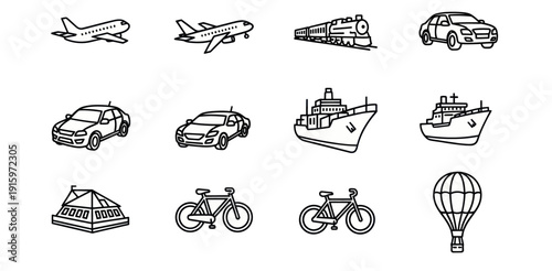 Hand-drawn transportation icons set including airplane, train, car, ship, boat, bicycle, and hot air balloon, perfect for travel and transport design projects