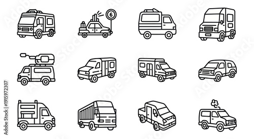 Hand-drawn black and white line art icons of various trucks and van vehicles including service, police, camper, delivery and utility types for transport design