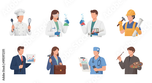 Illustrations of diverse professionals including chef, scientist, engineer, businessman, doctor, artist, and construction worker for career and job-related projects
